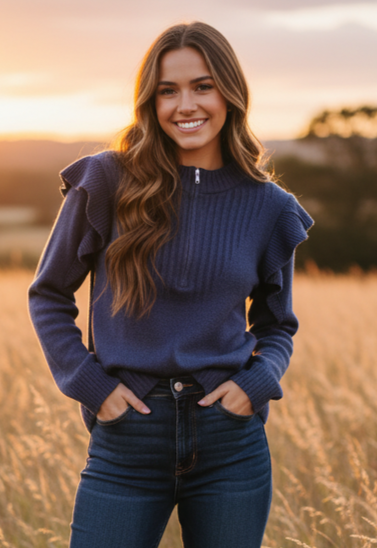 NWOT RUFFLE SLEEVE 1/2 ZIP SWEATER