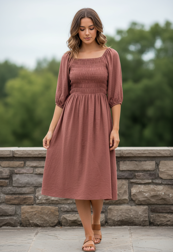 POLAGRAM SMOCKED MIDI DRESS