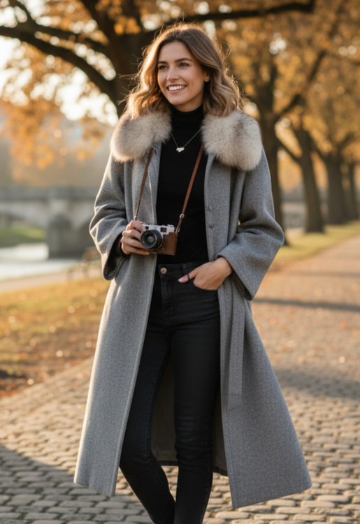 VTG WOOL COAT WITH FUR COLLAR