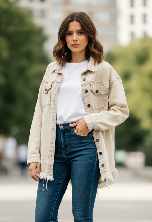 FRAYED HEM DENIM SHACKET