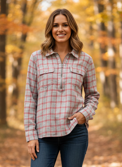 BASS HALF ZIP PLAID SHIRT