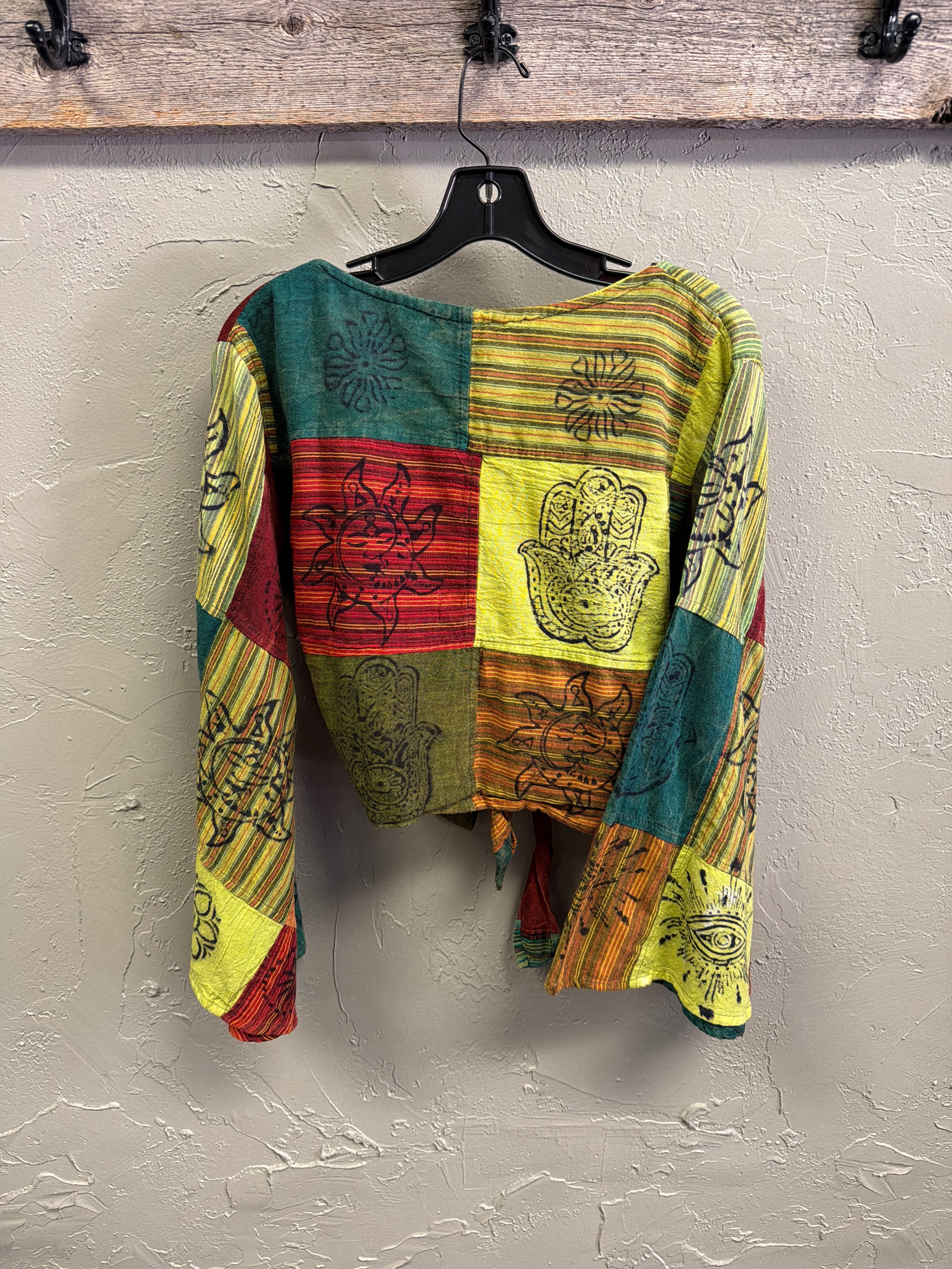 Patchwork Bell-Sleeve Front-Tie Top