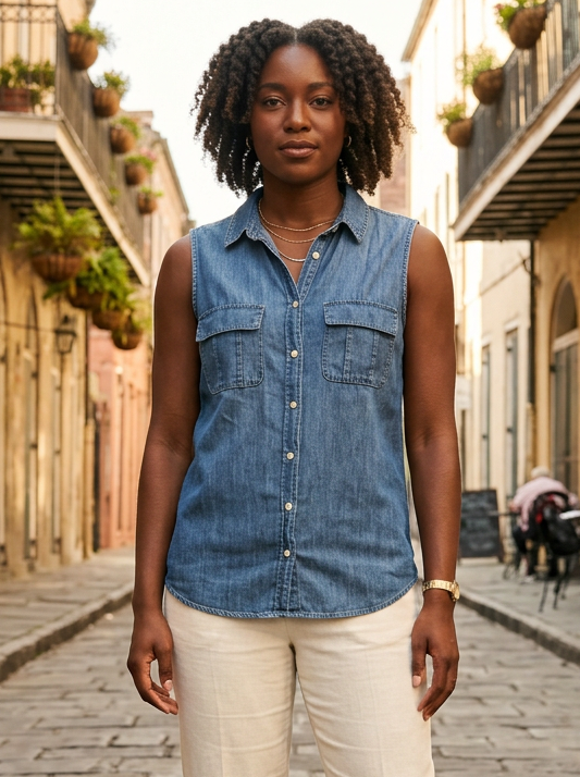 Sleeveless Chambray Button-Down