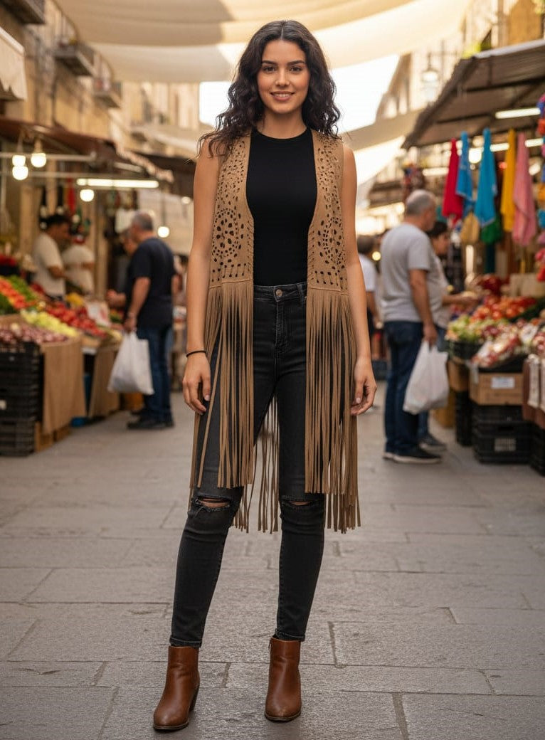 NWOT Indigo Thread Laser-Cut Fringe Vest