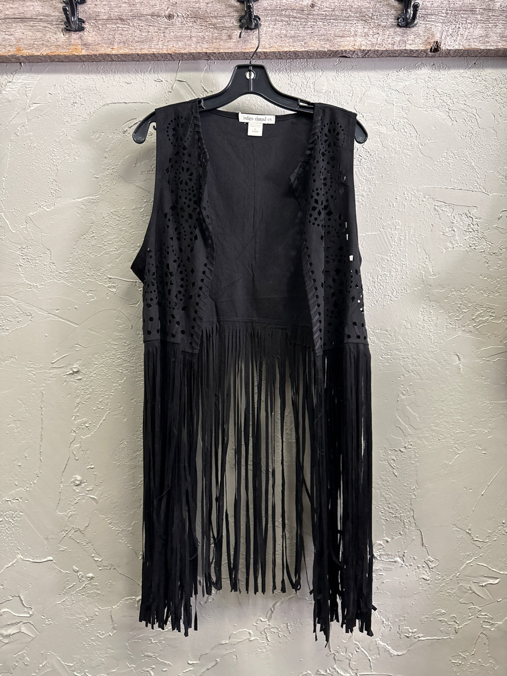NWOT Indigo Thread Laser-Cut Fringe Vest