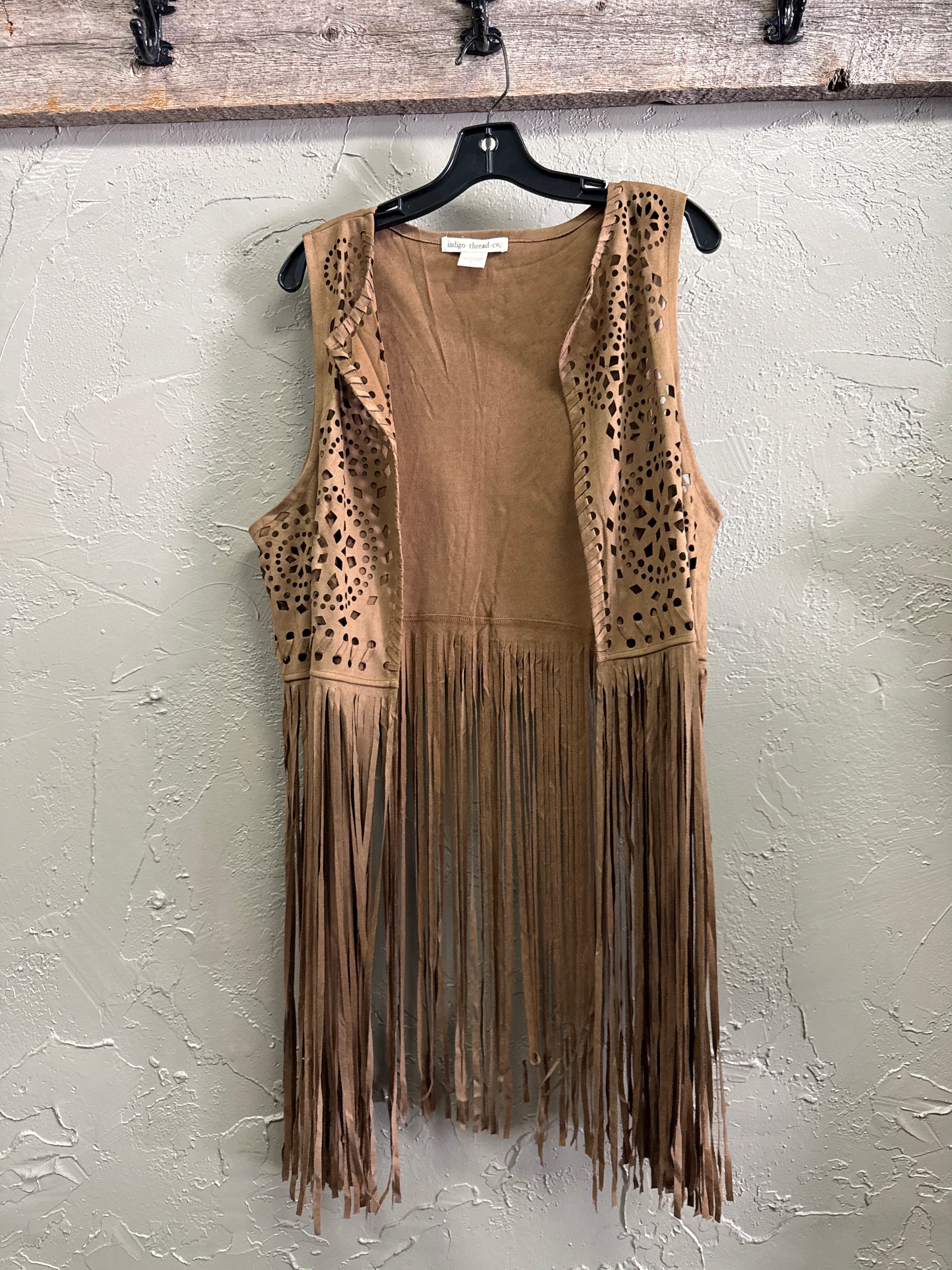 NWOT Indigo Thread Laser-Cut Fringe Vest