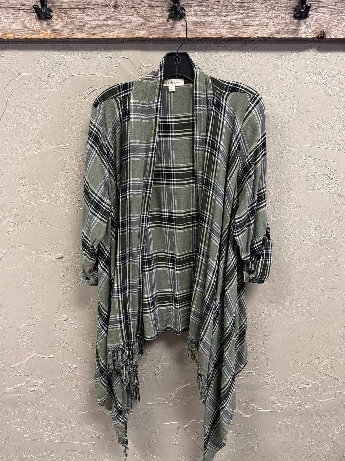 NWOT Indigo Thread Plaid Fringe Cardi