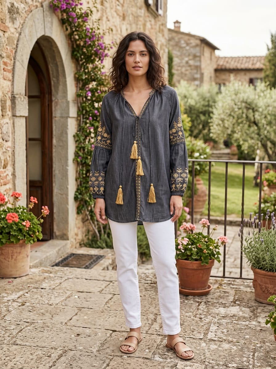 NWOT Indigo Thread Embroidered Boho Blouse