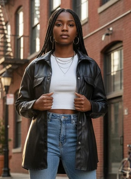 Red Star Vegan Leather Shacket (org$89)