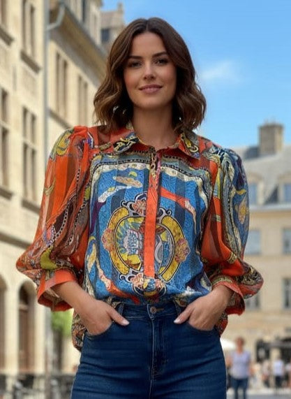 Akira Baroque Print Sheer Blouse (org$70)