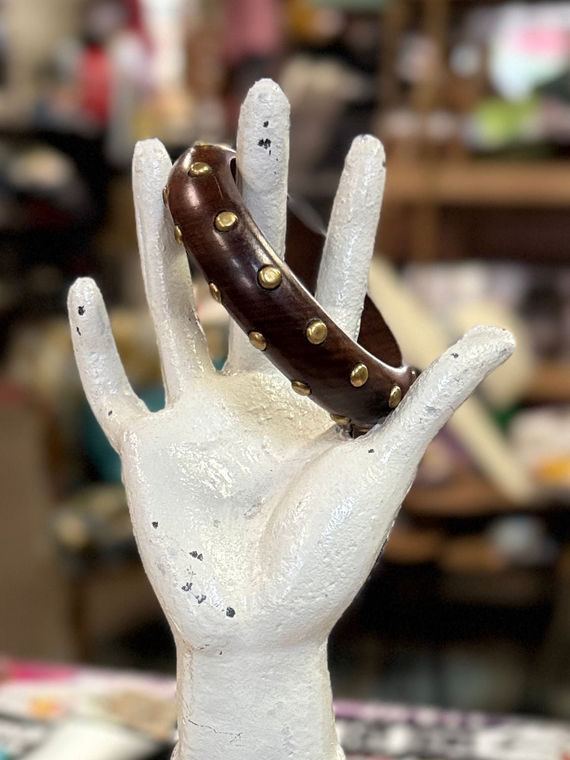 Vtg Brass-Studded Wood Bangle