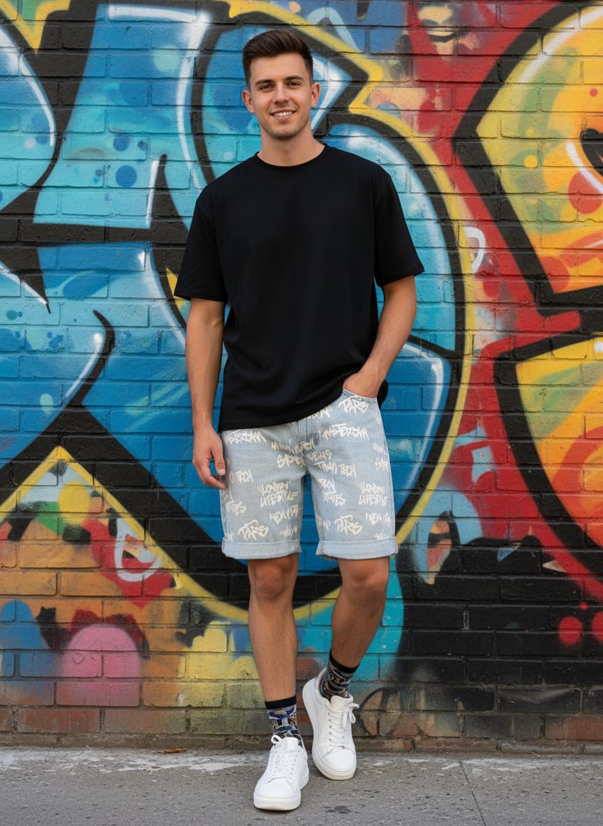 Bershka Graffiti Print Denim Shorts