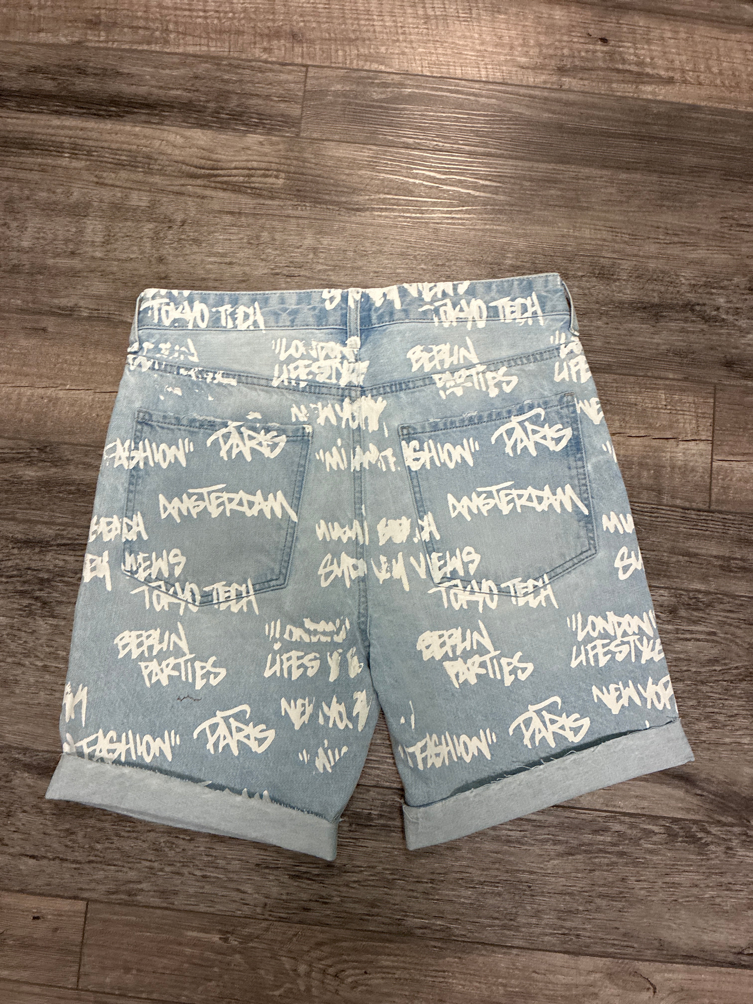 Bershka Graffiti Print Denim Shorts