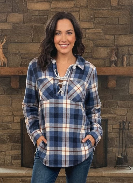 Lace-Up Plaid Flannel Pullover