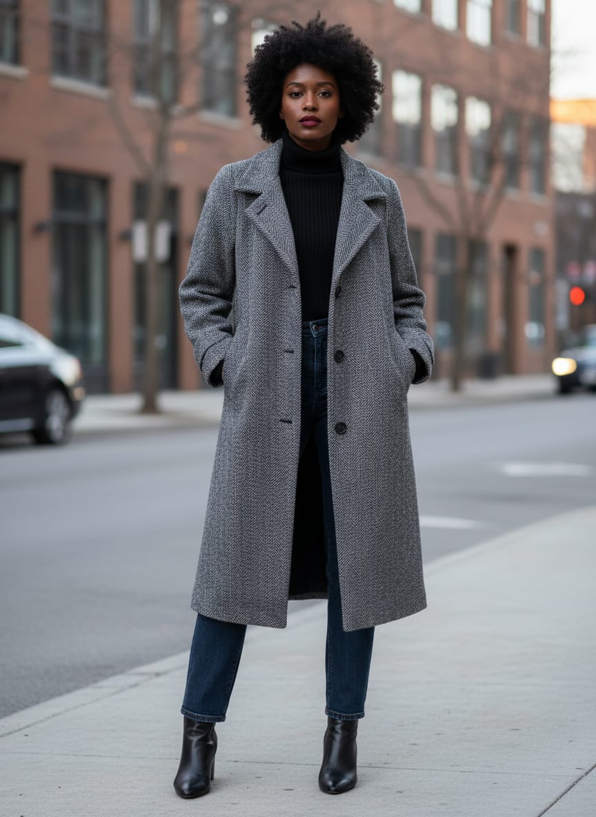 Vtg Stephanie Andrews Herringbone Long Coat