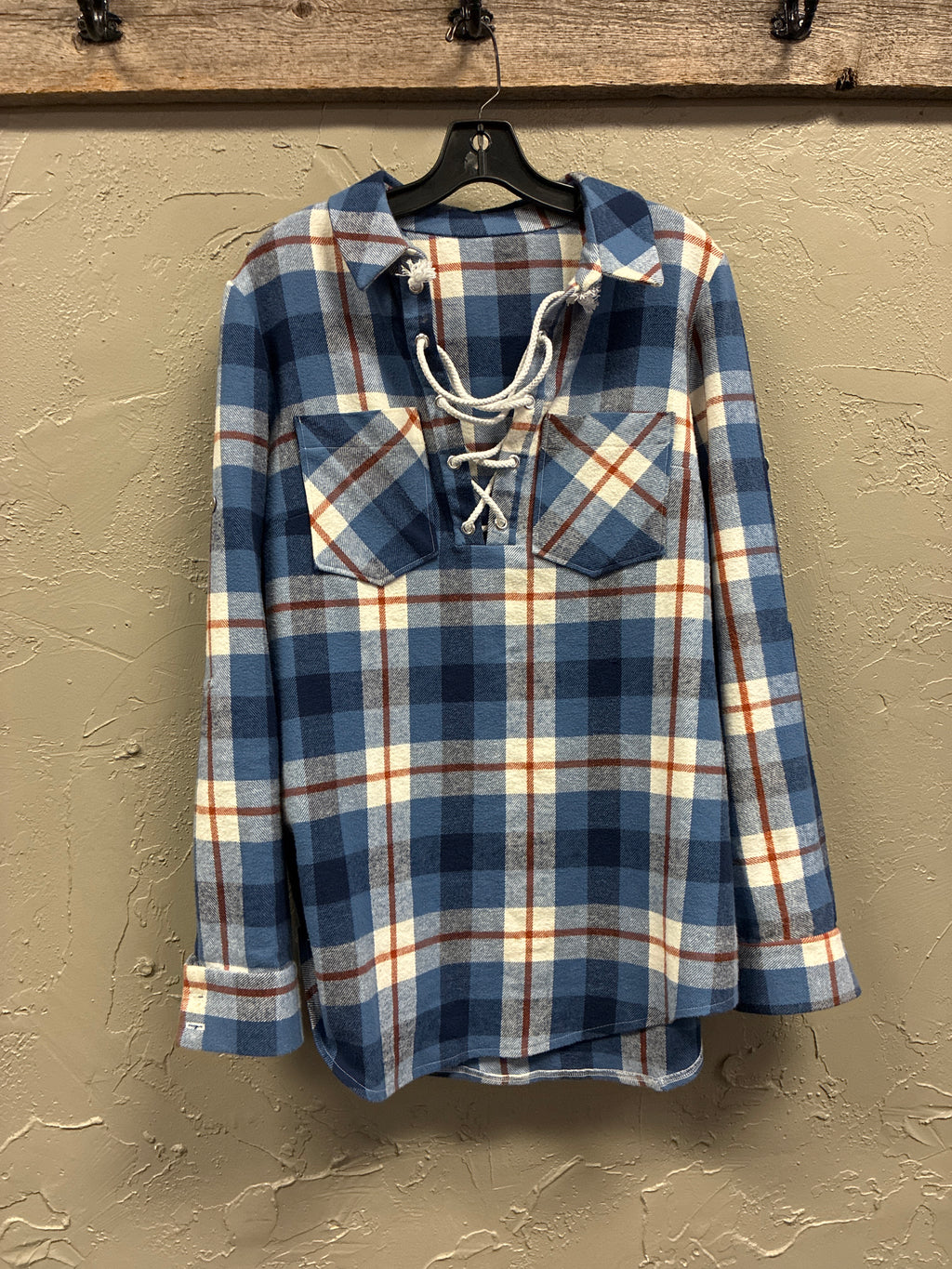 Lace-Up Plaid Flannel Pullover