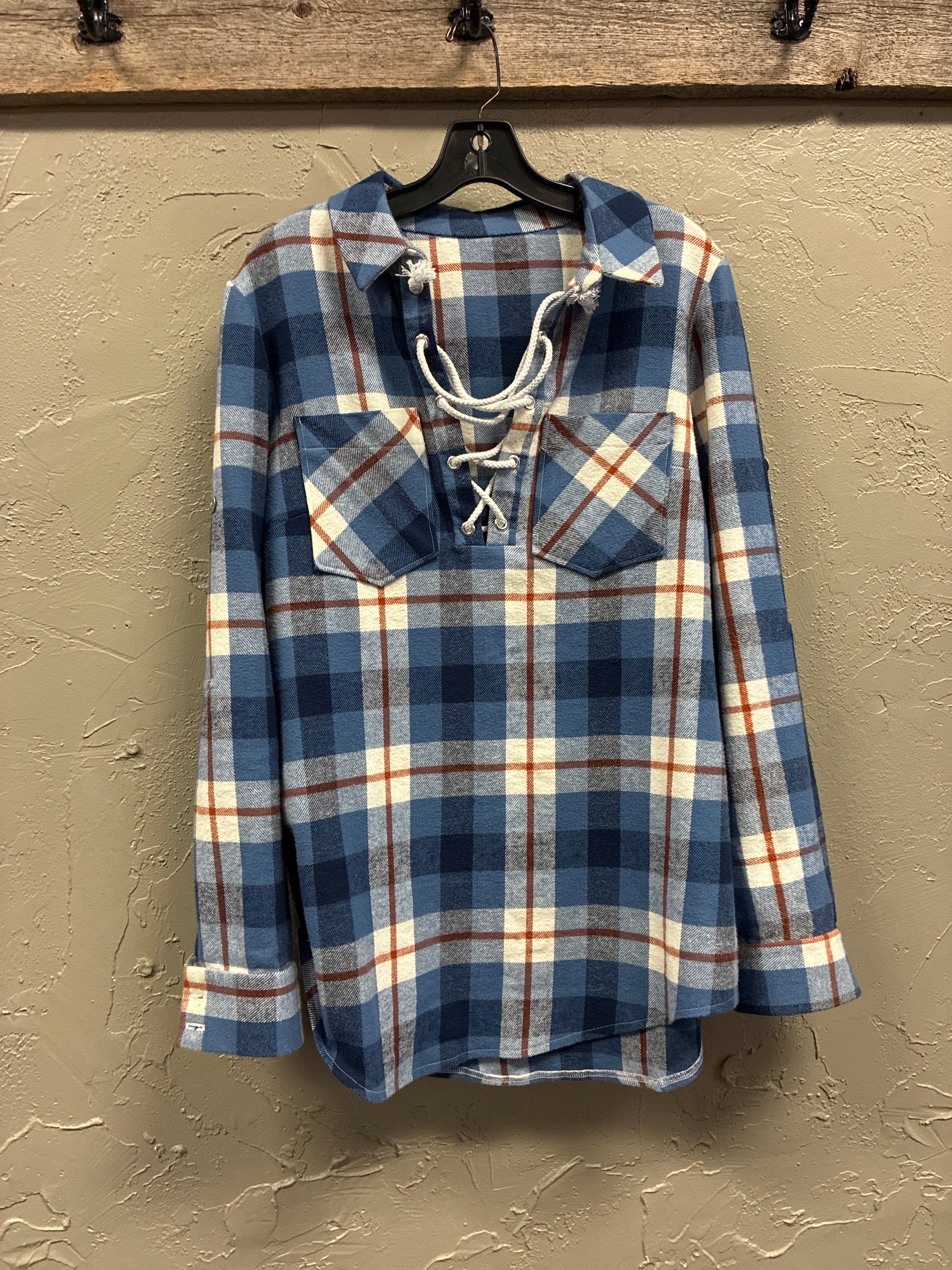 Lace-Up Plaid Flannel Pullover