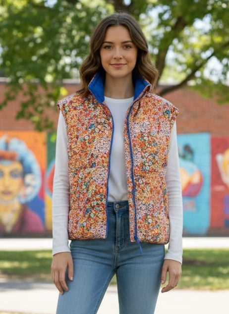 Oversized Cap-Sleeve Floral Vest