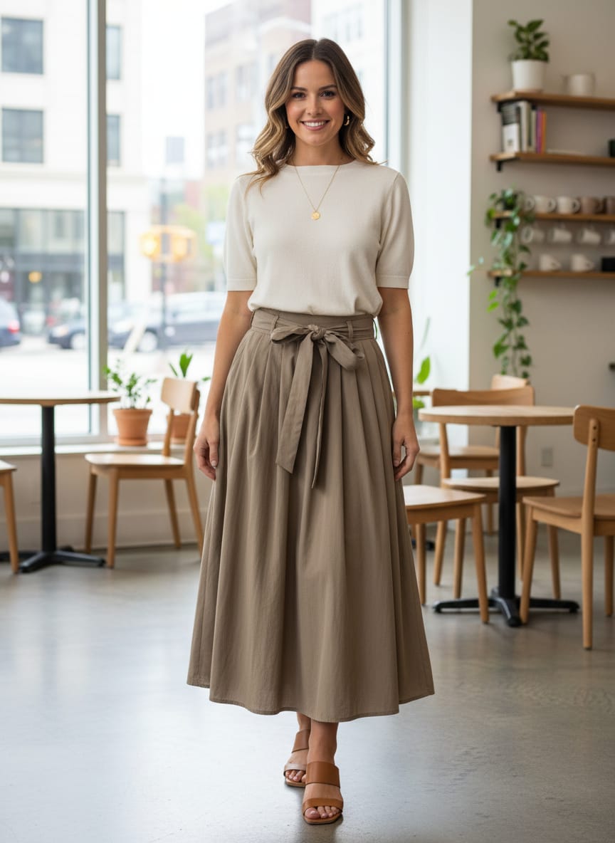 Pleated Belted Midi Skirt