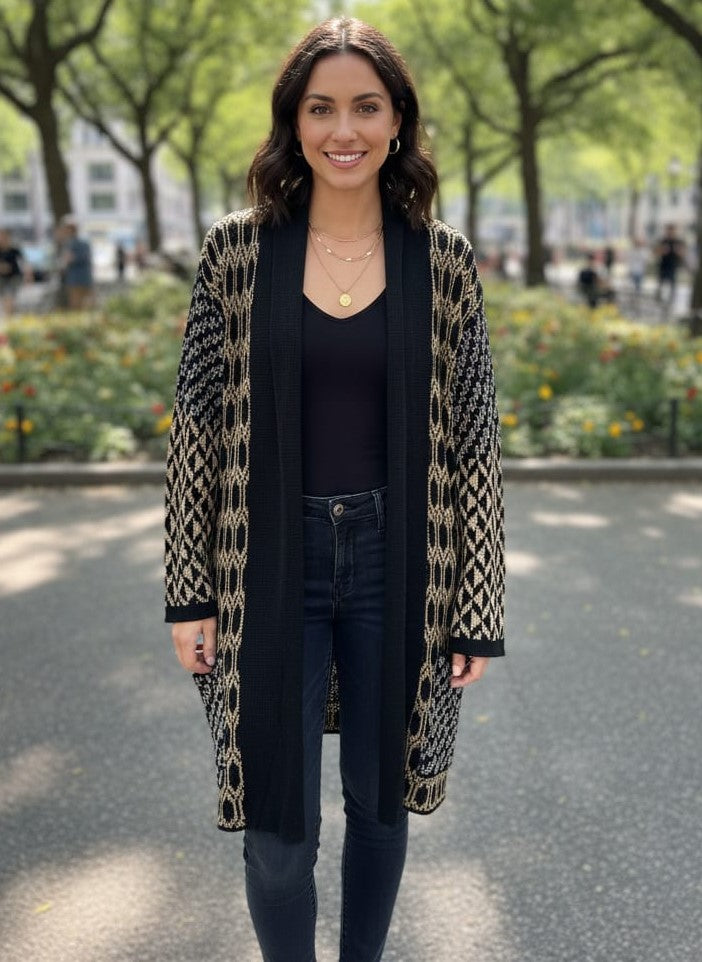 Vtg Rae Gold Geometric Knit Cardigan