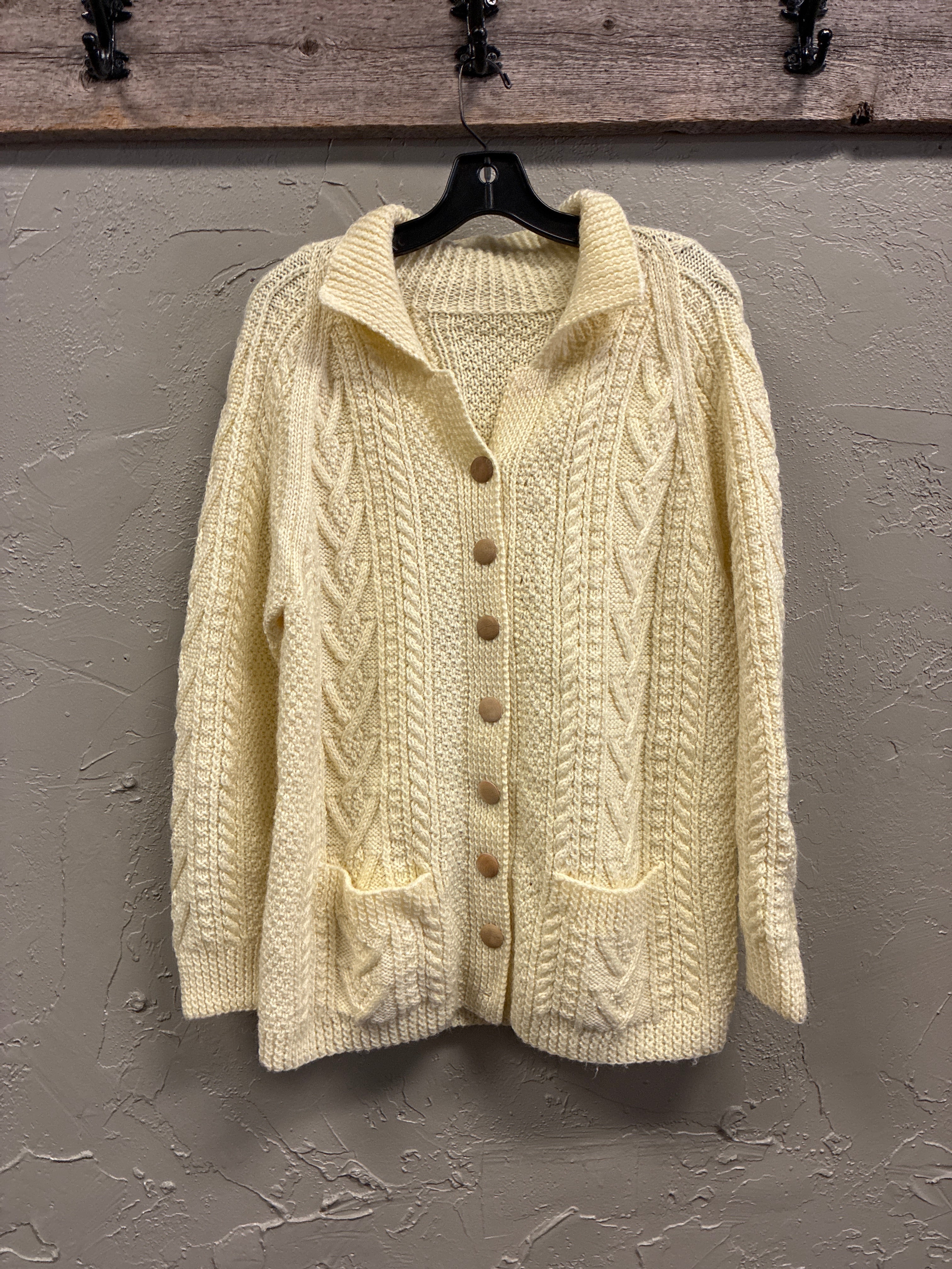 Vtg Handknit Aran Cable Cardigan