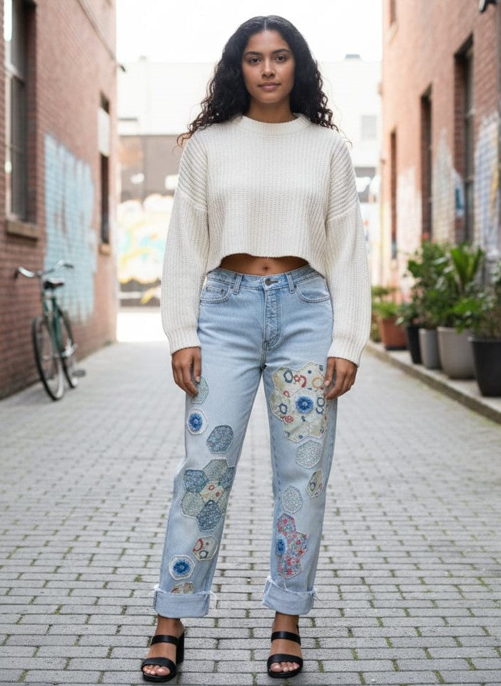 Upcycled Grandmas Garden Patched Denim