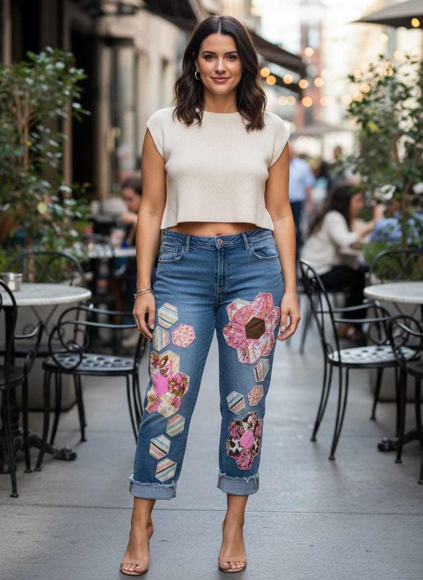 Upcycled Grandmas Garden Patched Denim
