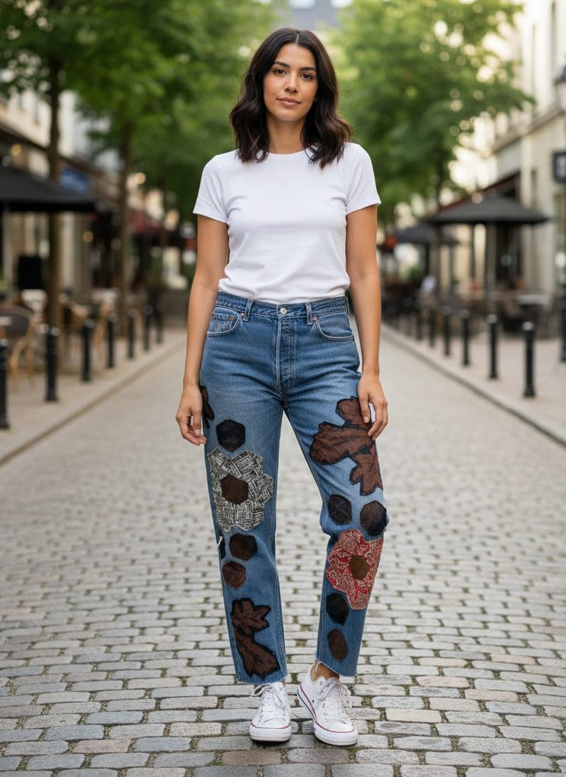 Upcycled Grandmas Garden Patched Denim
