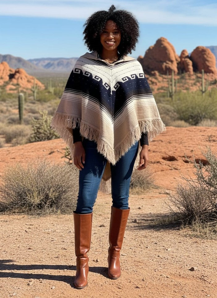 Vtg 70s Knit Fringe Poncho