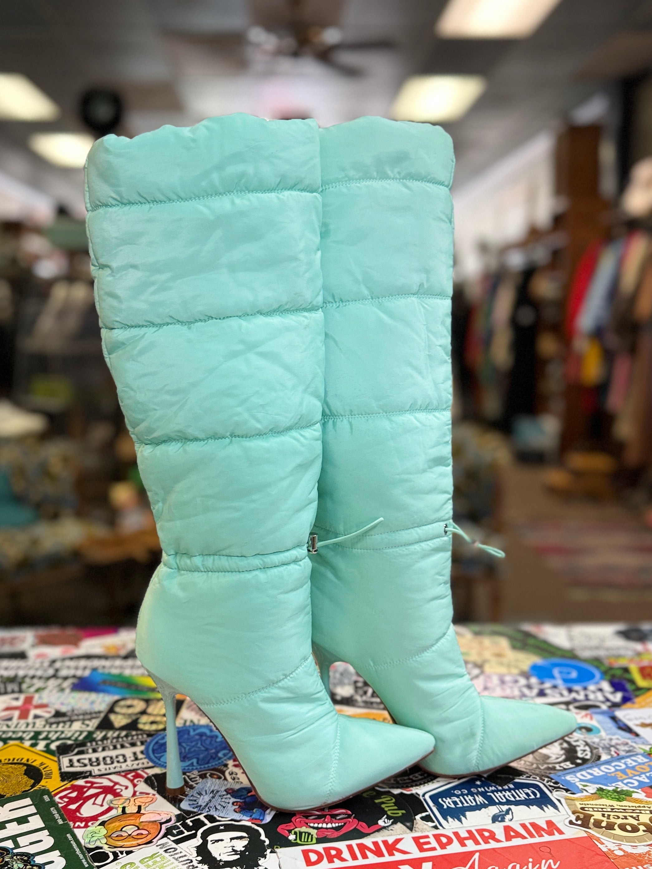 Puffer Stiletto Knee-High Boots