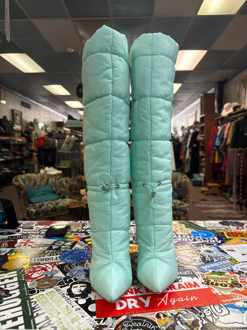 Puffer Stiletto Knee-High Boots