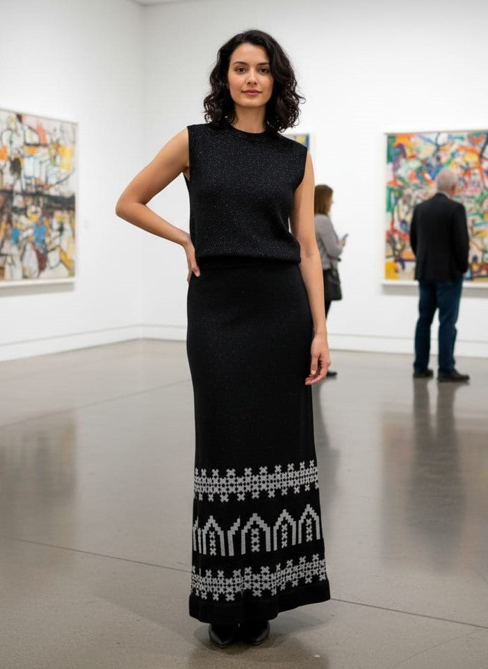 Vtg 70s Tiki Knit Black Silver Lurex Maxi
