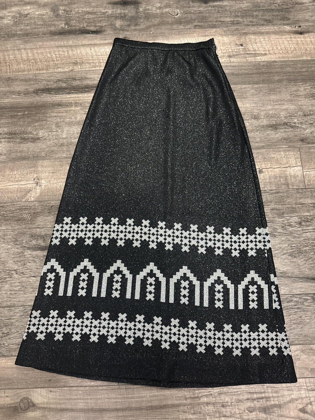 Vtg 70s Tiki Knit Black Silver Lurex Maxi