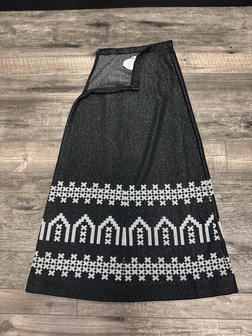 Vtg 70s Tiki Knit Black Silver Lurex Maxi
