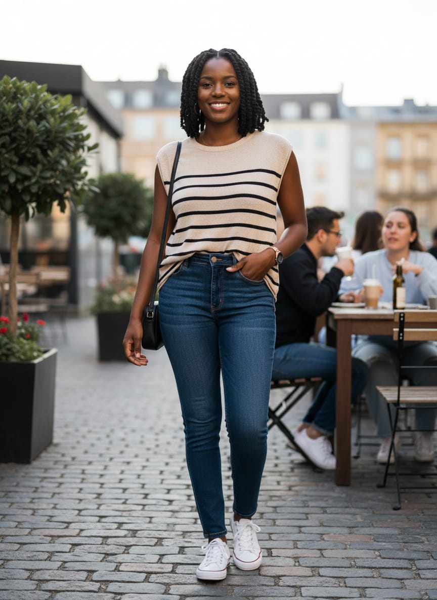 Striped Cap-Sleeve Knit Top