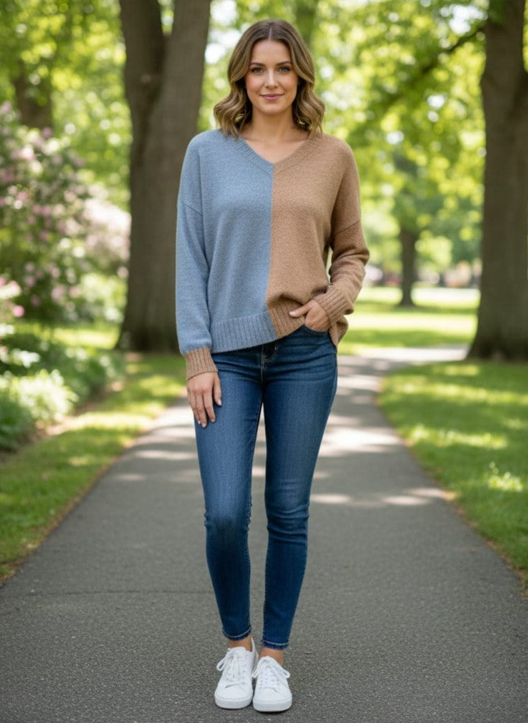 Tribal V-Neck Split-Color Sweater (org$95)