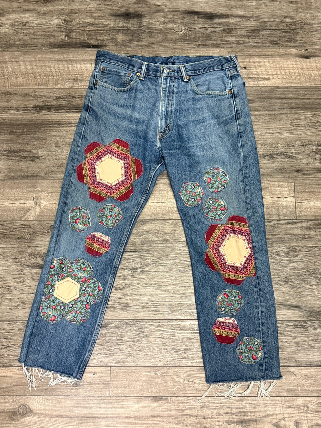 QUILTED FLORAL PATCHWORK JEANS