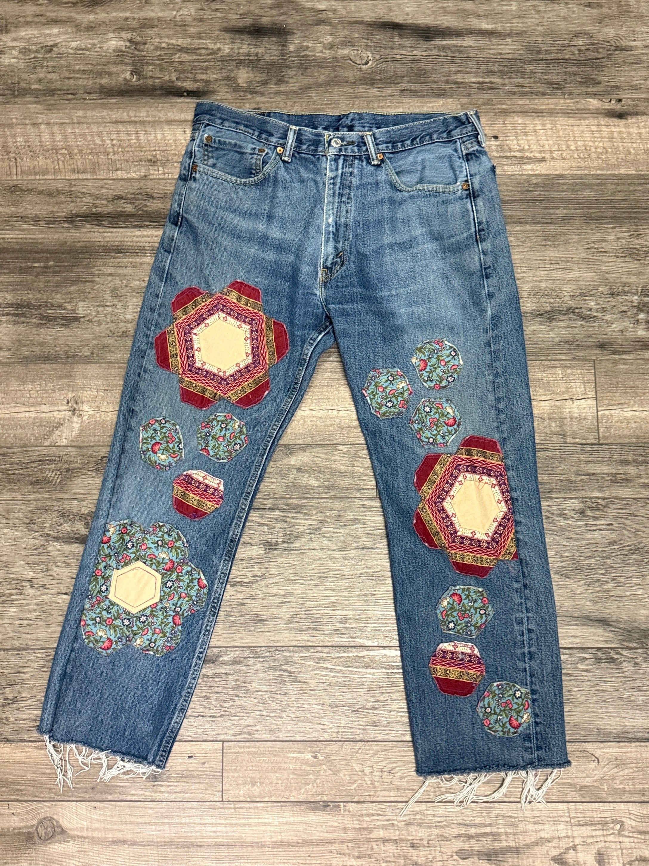 QUILTED FLORAL PATCHWORK JEANS