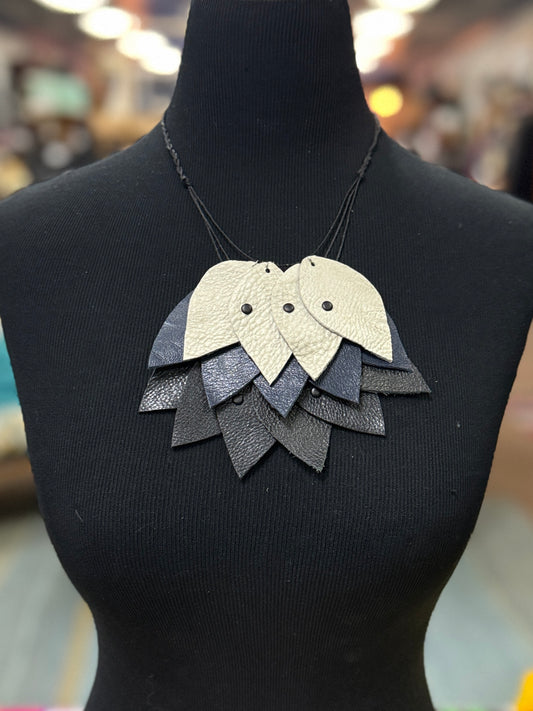 LAYERED LEATHER LEAVES NECKLACE