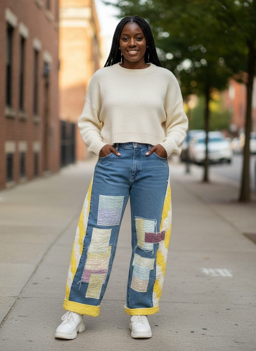 Upcycled & Appliqued Barrel Leg Jeans