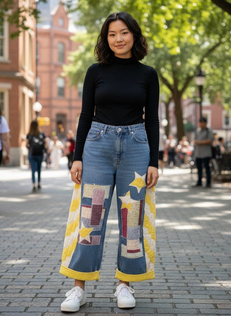 Upcycled & Appliqued Barrel Leg Jeans