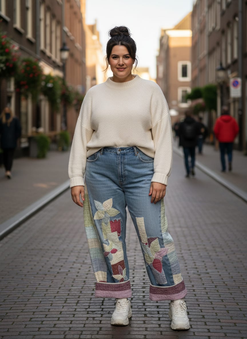 Upcycled & Appliqued Barrel Leg Jeans