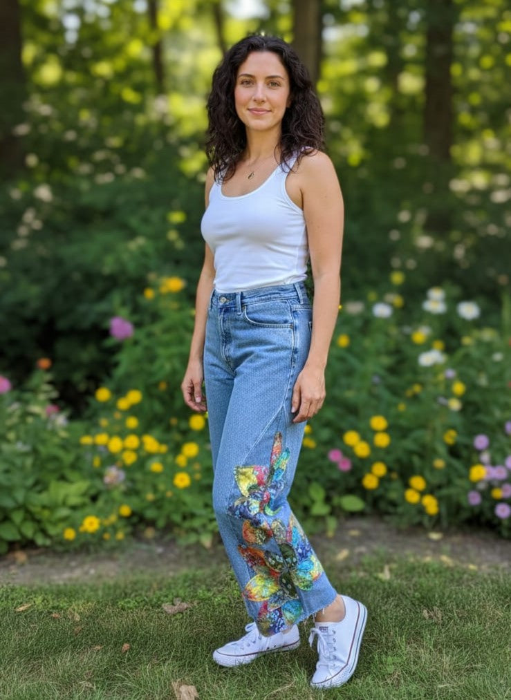 Upcycled & Appliqued Barrel Leg Jeans