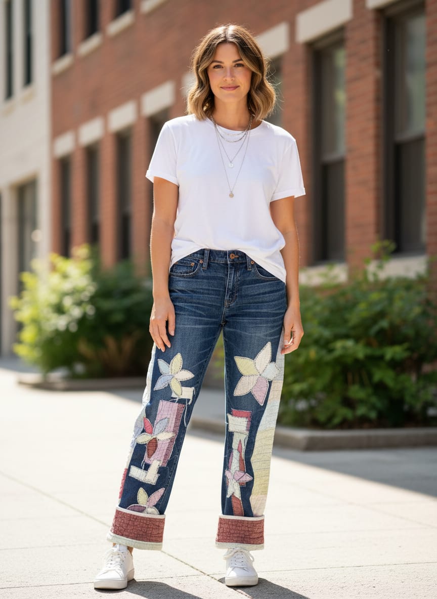 Upcycled & Appliqued Barrel Leg Jeans